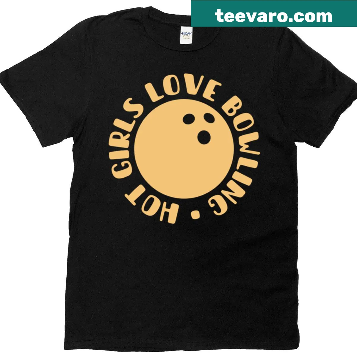 Cartoon design saying Hot Girls Love Bowling in gold — on a men's t-shirt