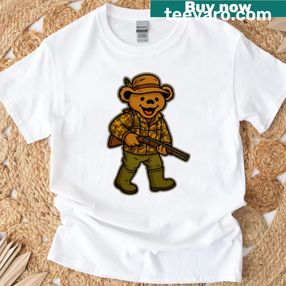 Illustrative T-shirt featuring a graphic of a bear for hunting enthusiasts — on a men's t-shirt