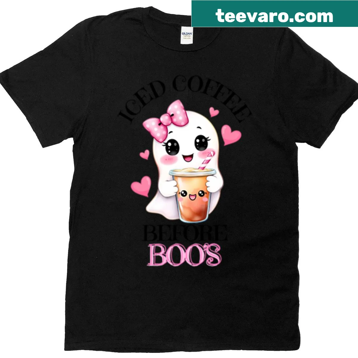 Cute ghost character enjoying iced coffee in whimsical design — on a men's t-shirt