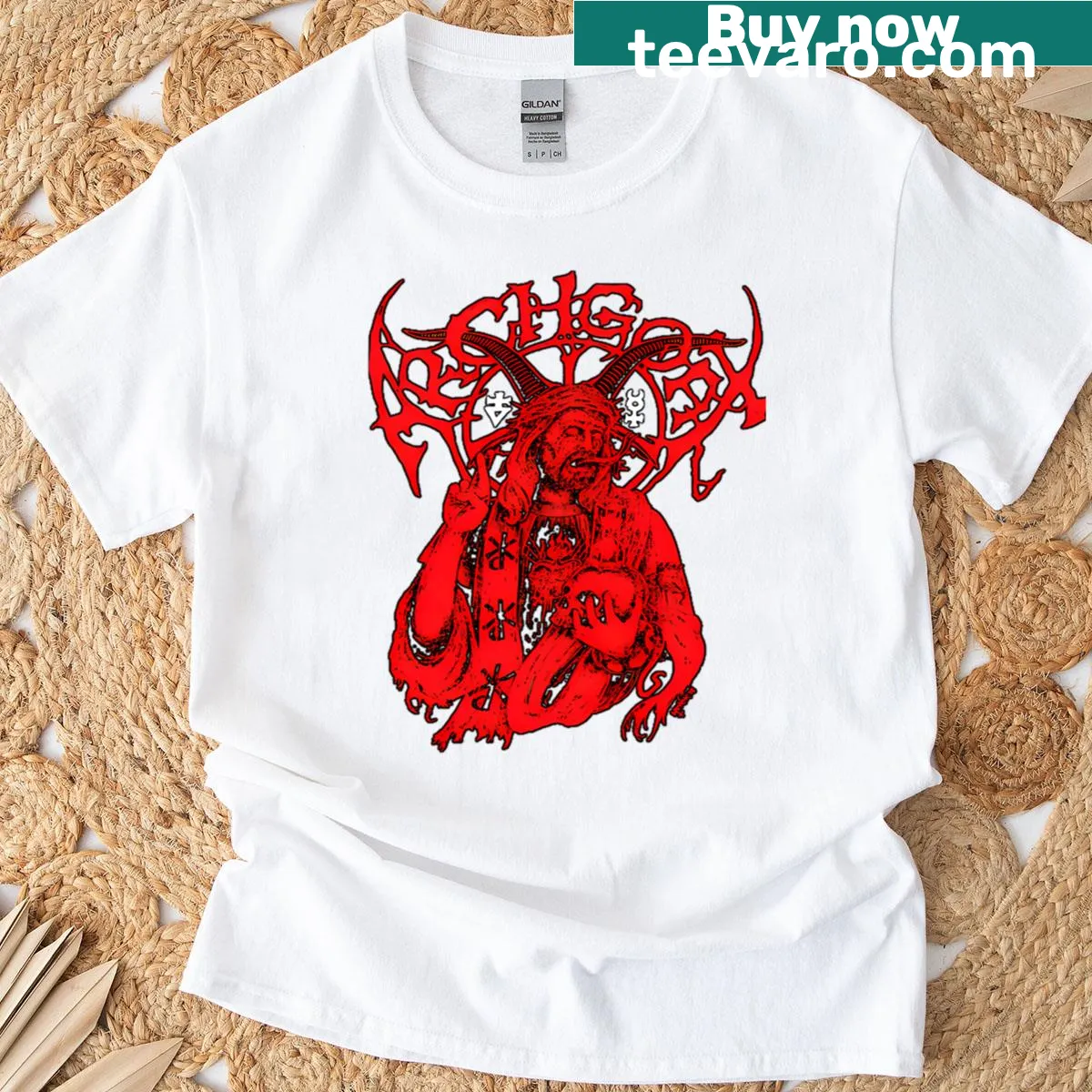 Industrial-themed T-shirt featuring a goat skull design — on a men's t-shirt