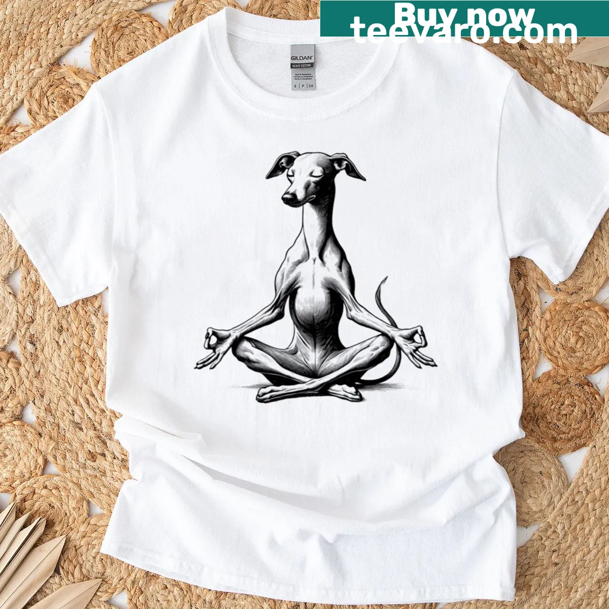Illustration of an Italian Greyhound practicing yoga on a T-shirt — on a men's t-shirt