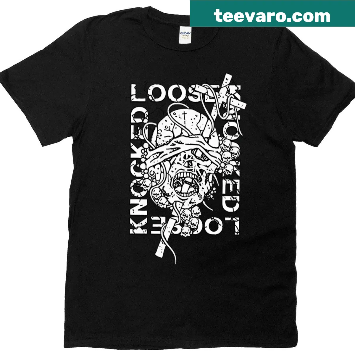 T-shirt featuring playful graphics representing Knocked Loose band — on a men's t-shirt