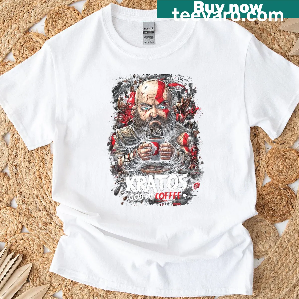 Kratos holding a latte with 'Leviathan Latte' text in bold font — on a men's t-shirt