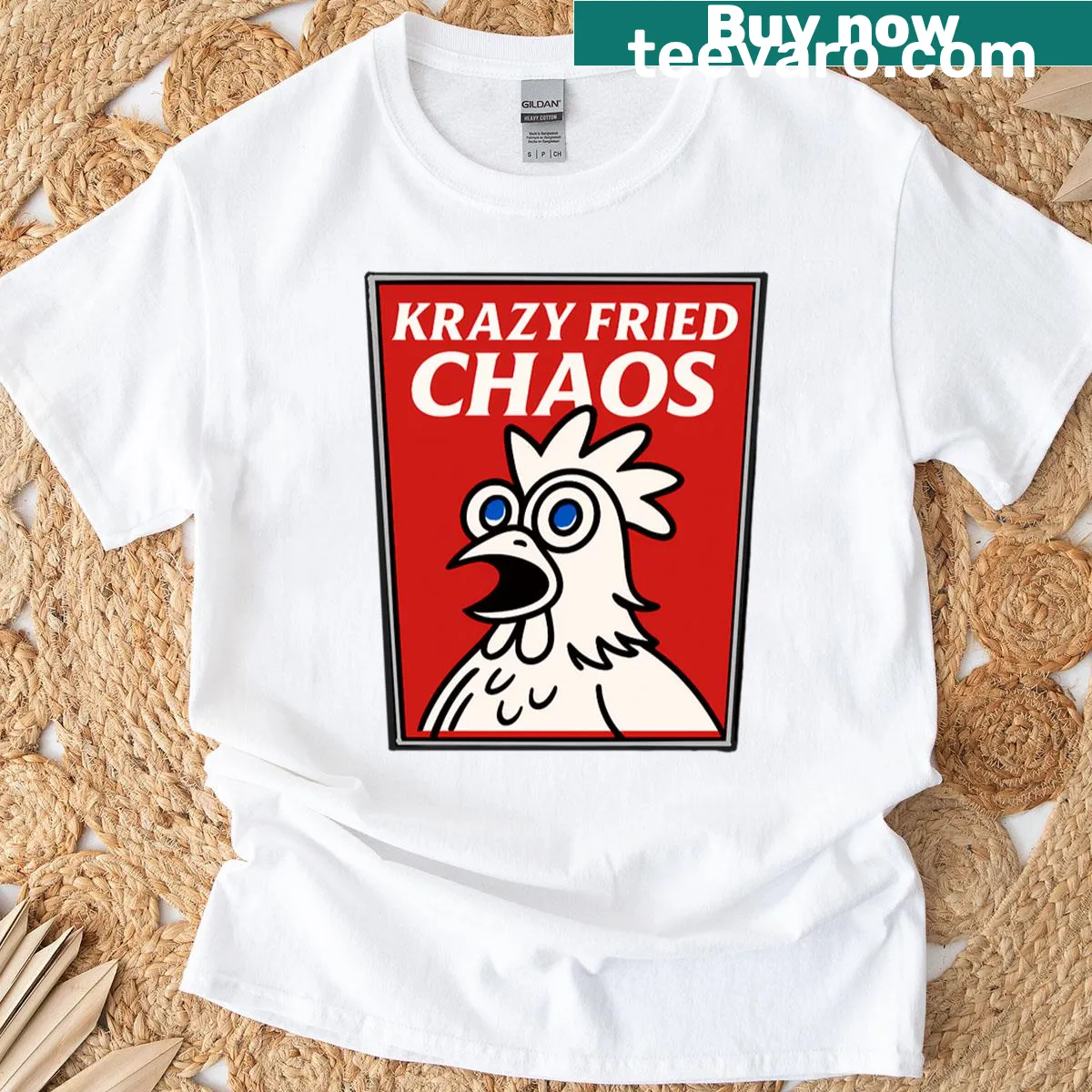 Parody T-shirt featuring humorous fried chicken design. — on a men's t-shirt