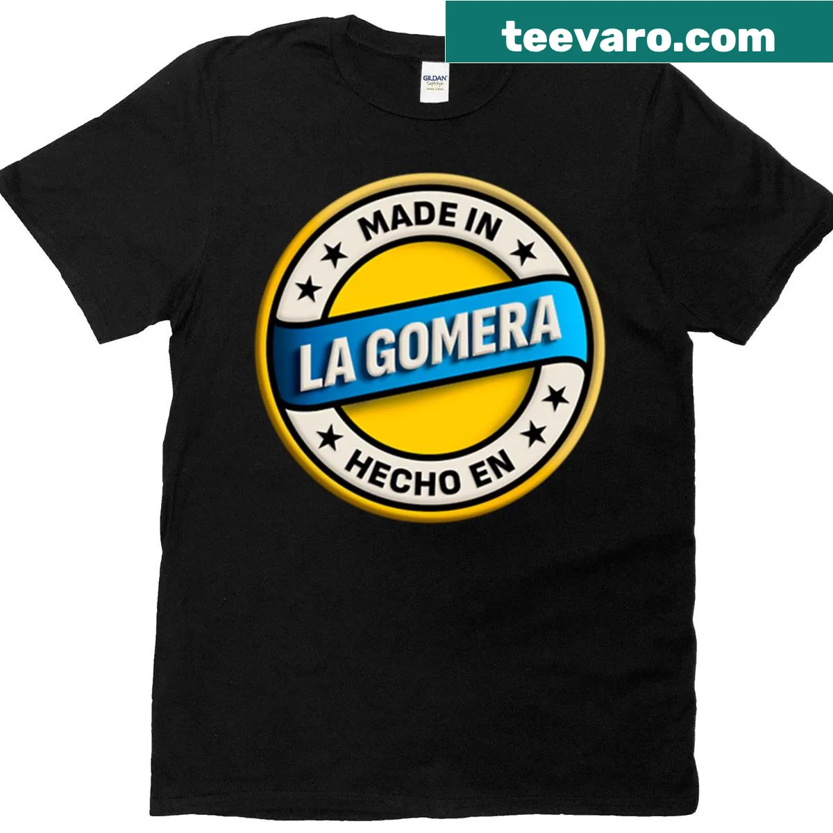 Illustrated design featuring La Gomera-themed stickers — on a men's t-shirt