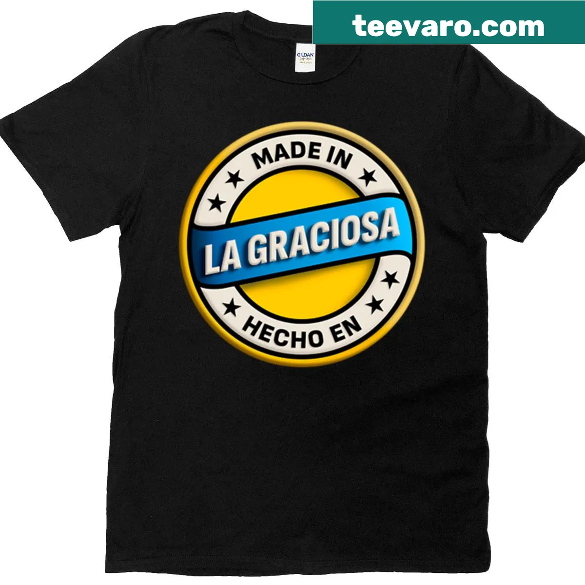 T-shirt featuring La Graciosa-themed stickers and illustrations — on a men's t-shirt