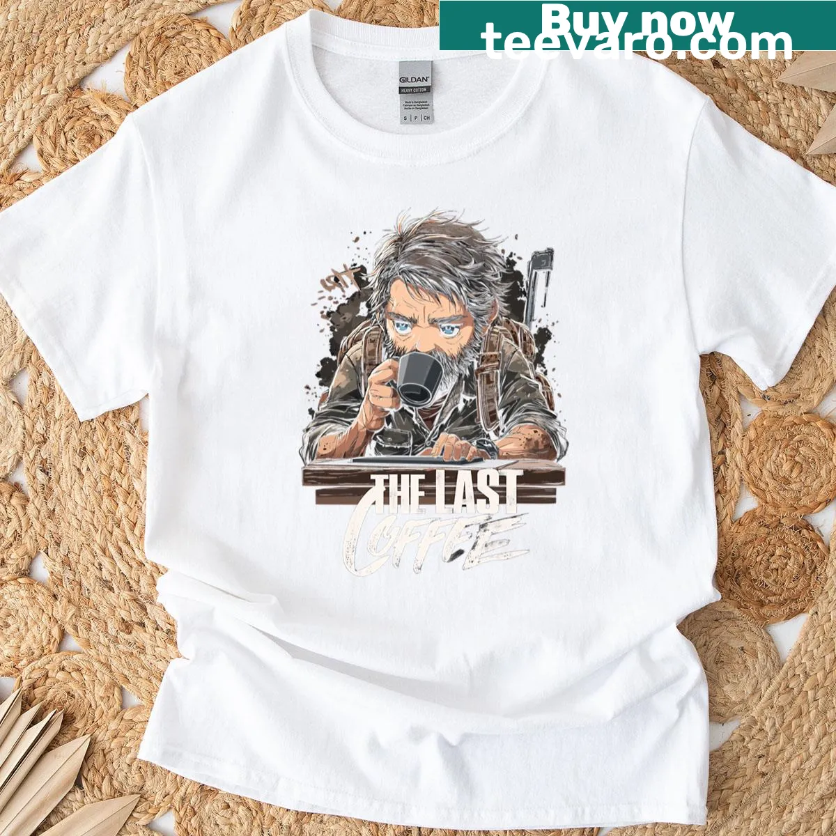 Cartoon coffee grizzled survivors mug t-shirt in wasteland — on a men's t-shirt