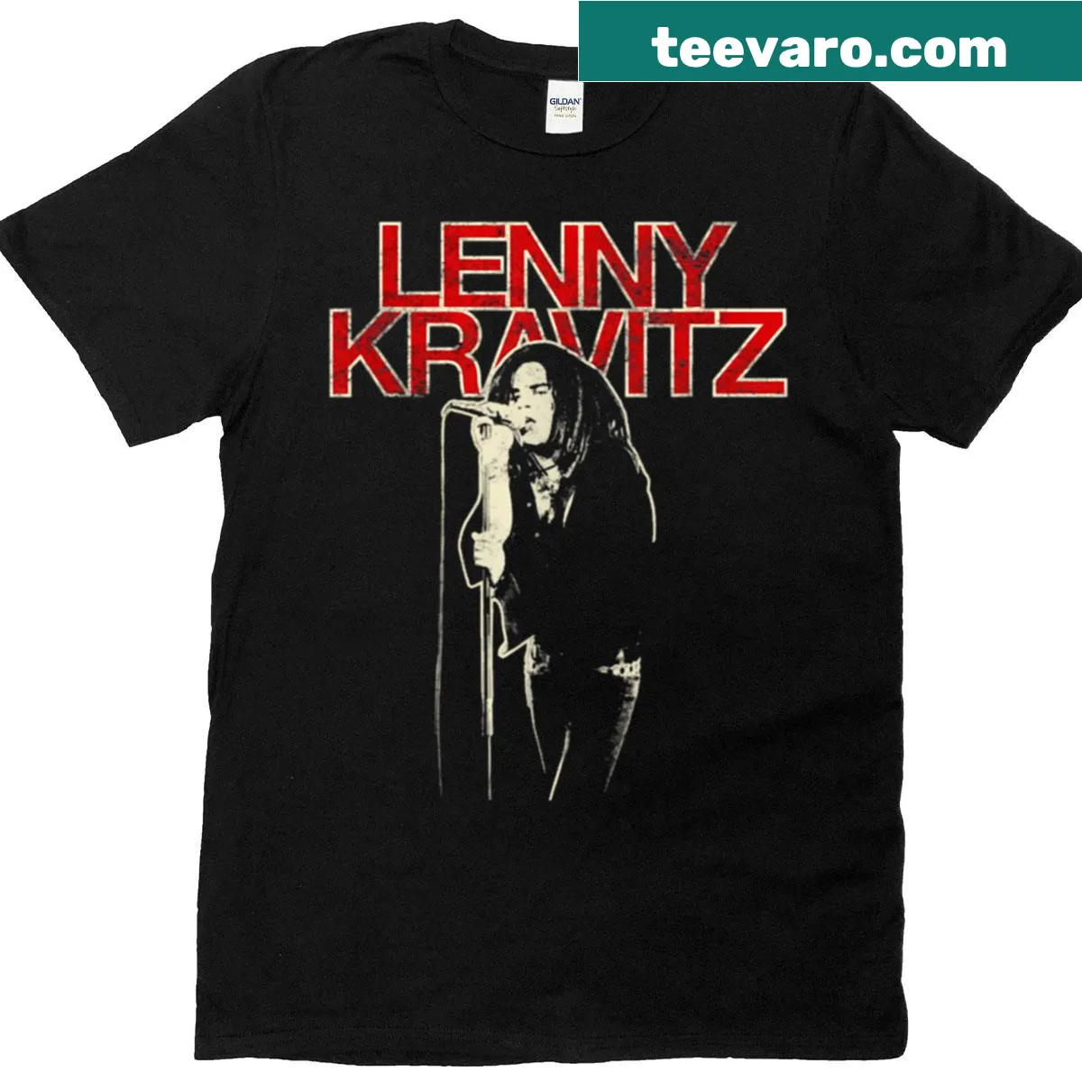 T-shirt featuring a graphic of Lenny Kravitz with a microphone — on a men's t-shirt