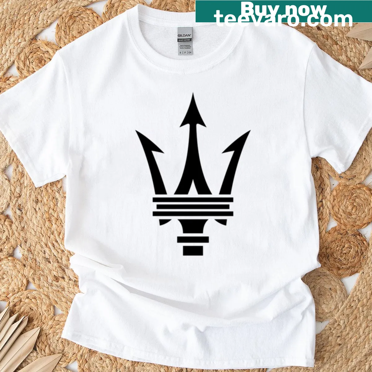 Maserati T-shirt featuring black emblem logo — on a men's t-shirt