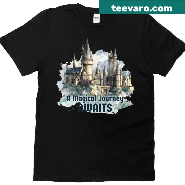 Watercolor t-shirt depicting a magical castle school