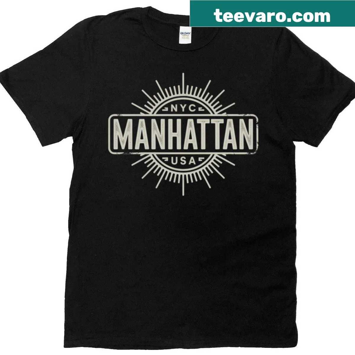 Illustrative t-shirt featuring Manhattan skyline and landmarks — on a men's t-shirt