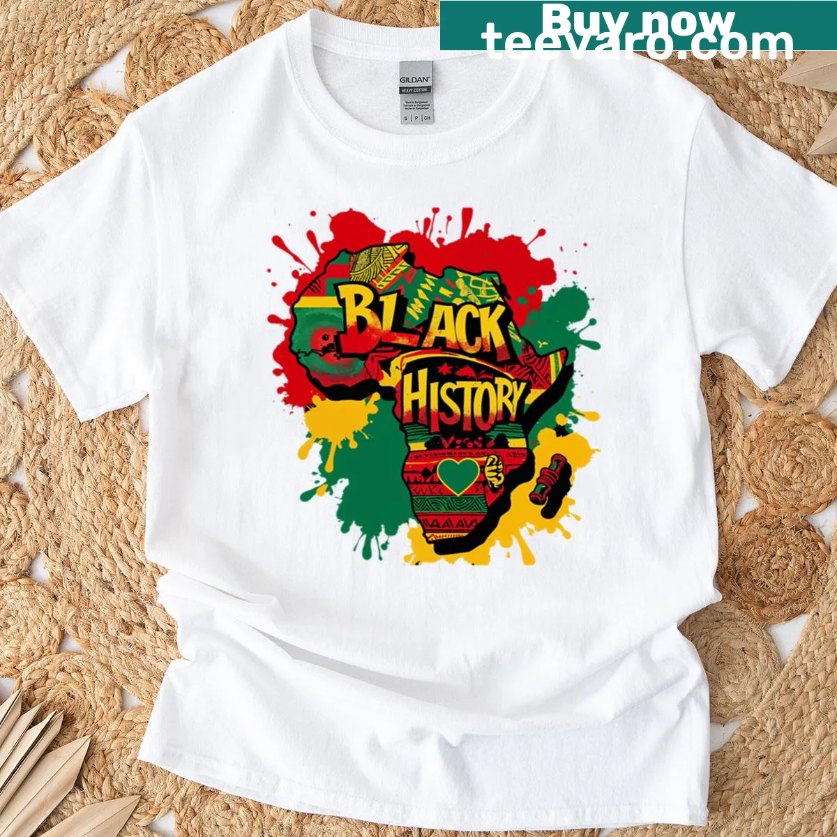 Illustrated map of Africa featuring cultural symbols and landmarks — on a men's t-shirt