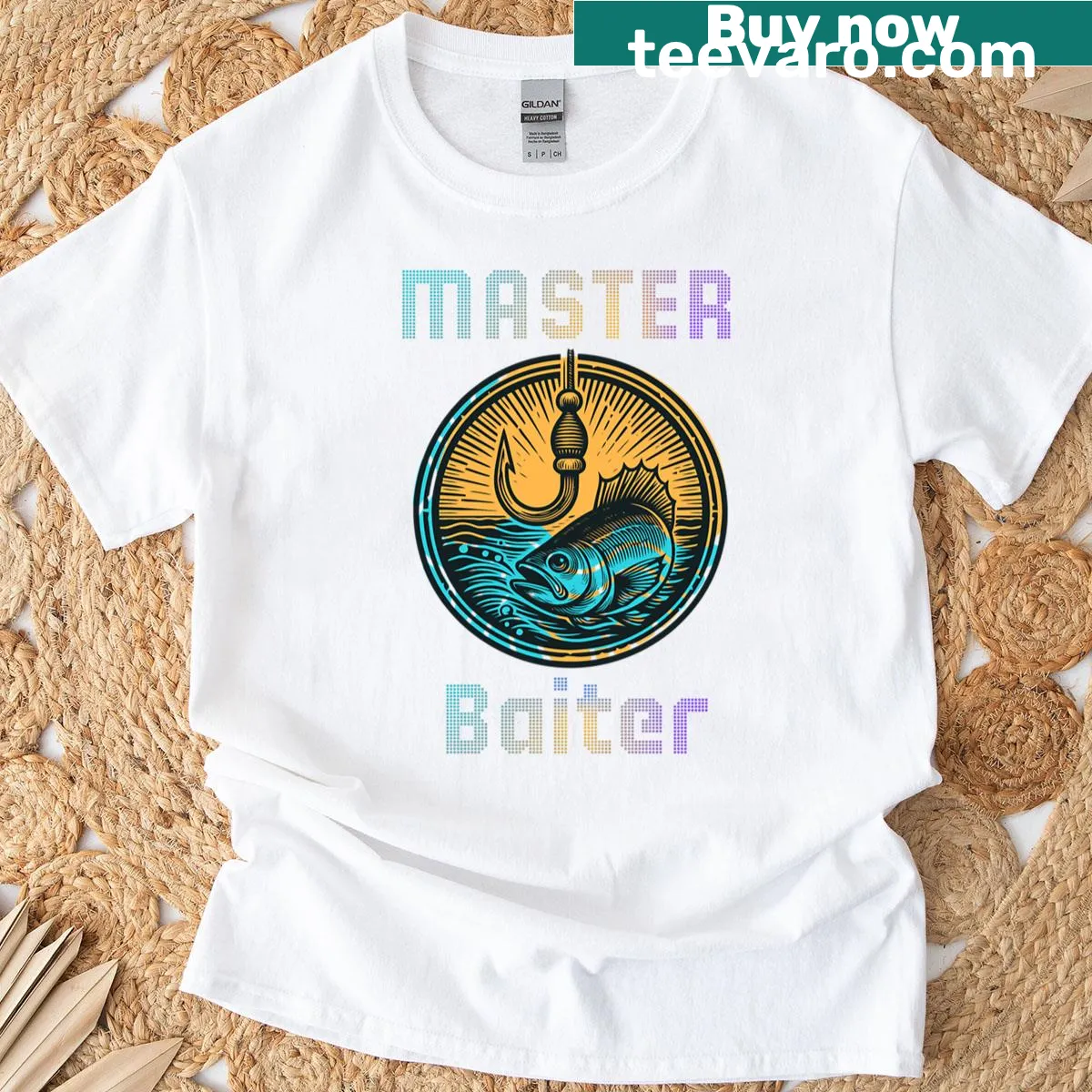 Oversized t-shirt with humorous 'Master Baiter' fishing design — on a men's t-shirt