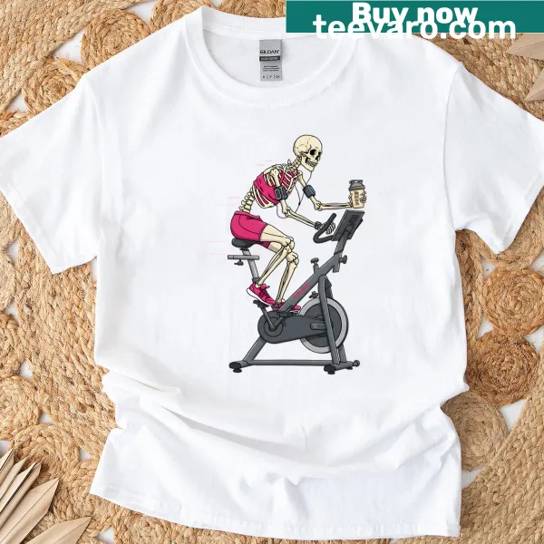 Skeleton riding a bicycle with the phrase 'Max Effort No Soul' for Halloween