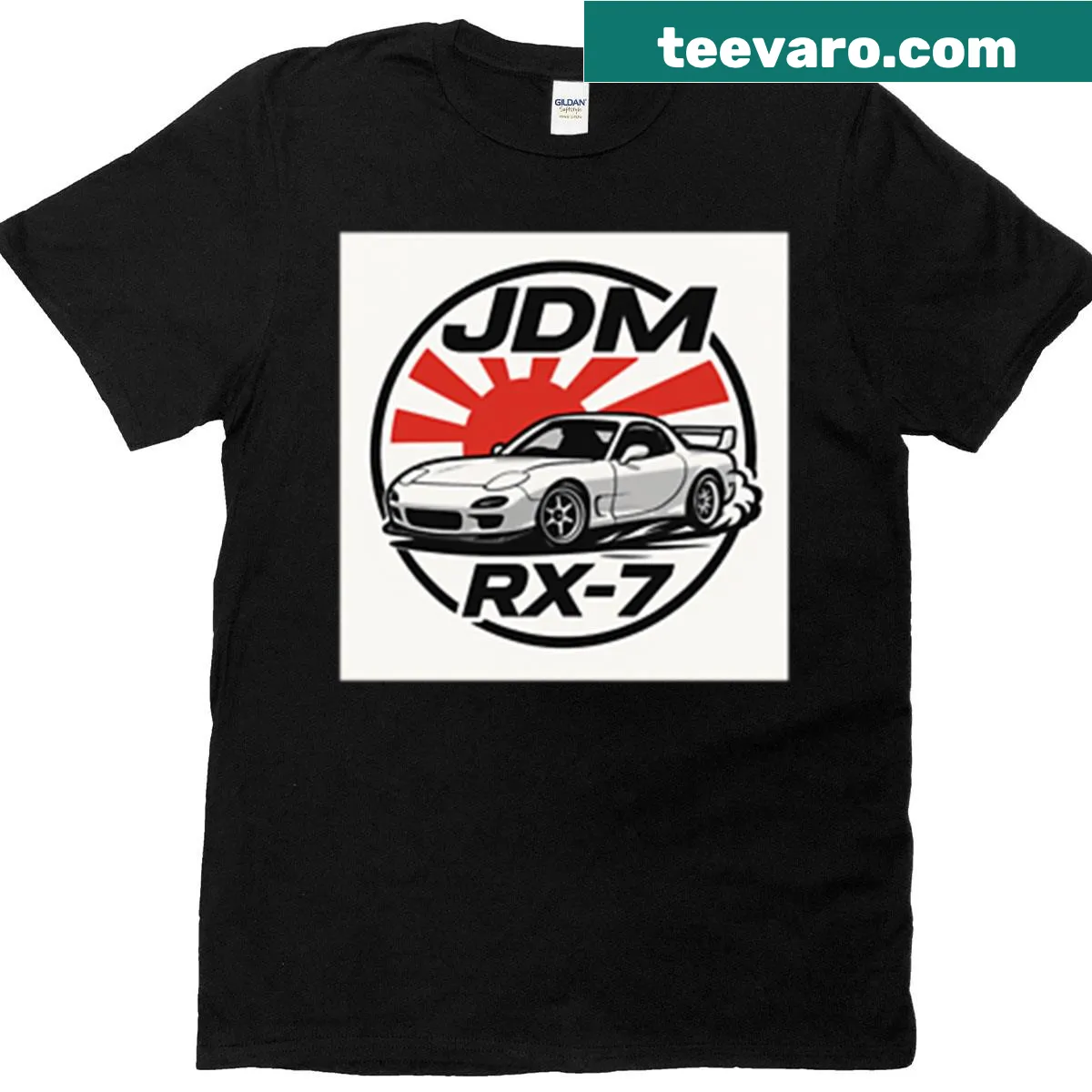 Mazda Rx-7 t-shirt with drift logo and rising sun design — on a men's t-shirt