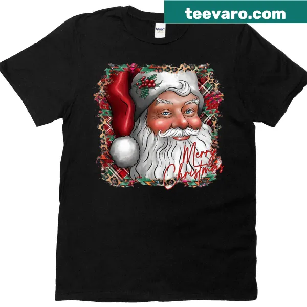 Vintage Santa Claus graphic on plaid background for Christmas T-shirt