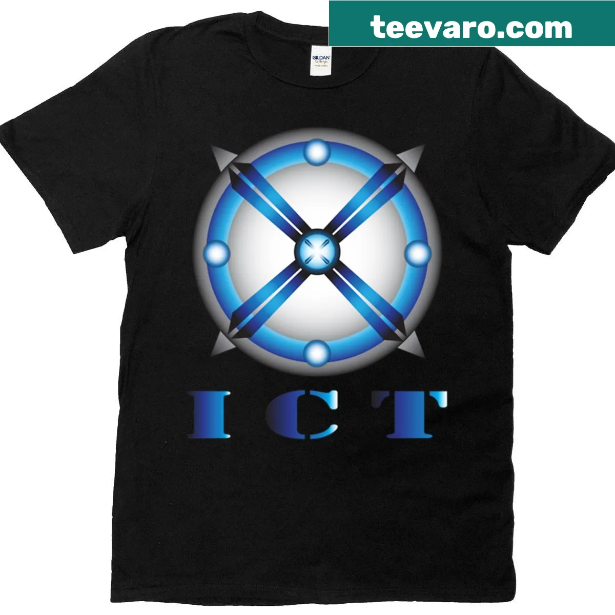 Boxy t-shirt featuring a modern ICT technology logo — on a men's t-shirt