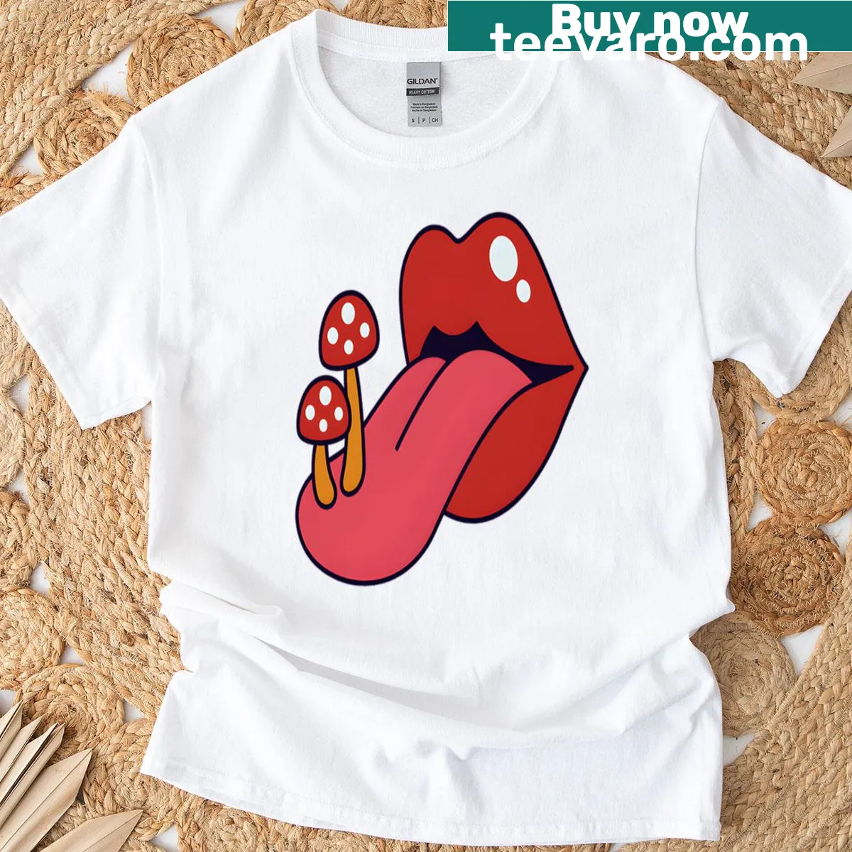 T-shirt with whimsical trippy mouth and mushroom design — on a men's t-shirt