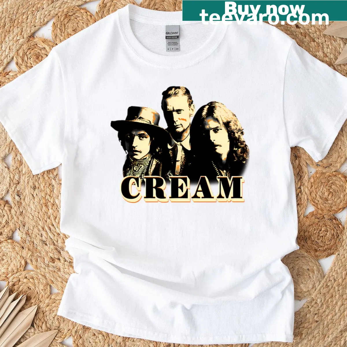 Vintage-inspired band tee in a muted cream color — on a men's t-shirt