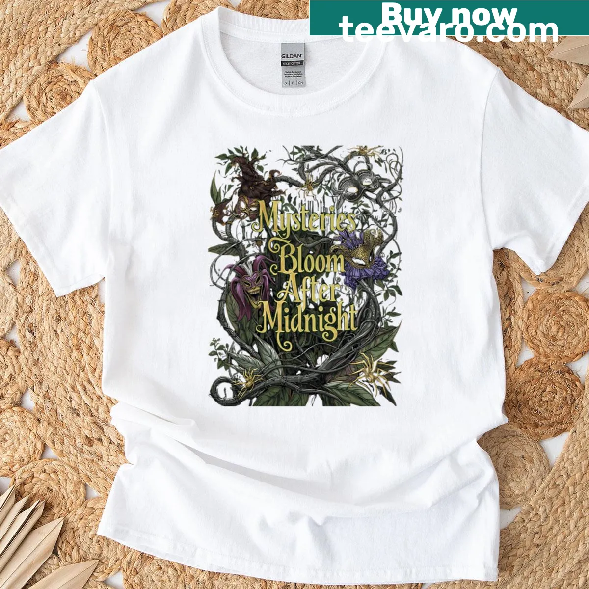 Whimsical garden t-shirt with floral graphics and mystery theme — on a men's t-shirt