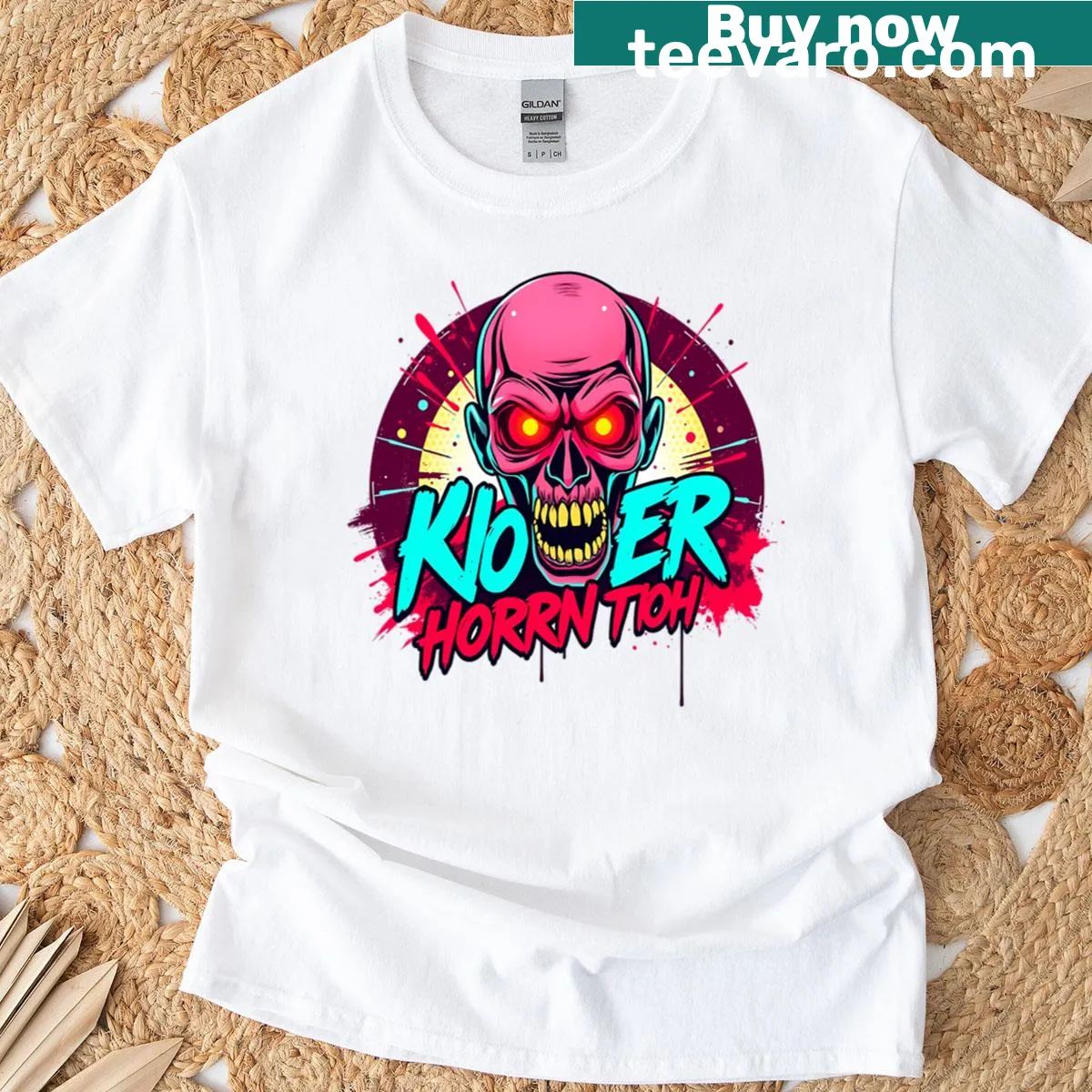 Neon graphic t-shirt featuring a nightmarish illustration — on a men's t-shirt