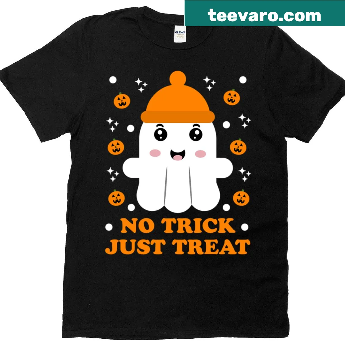 Cute Halloween ghost and pumpkin shirt with text — on a men's t-shirt
