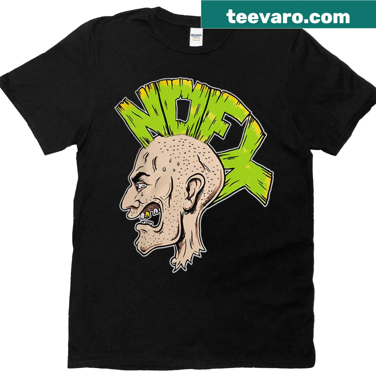 Cartoon angry face logo t-shirt from NOFX punk band — on a men's t-shirt