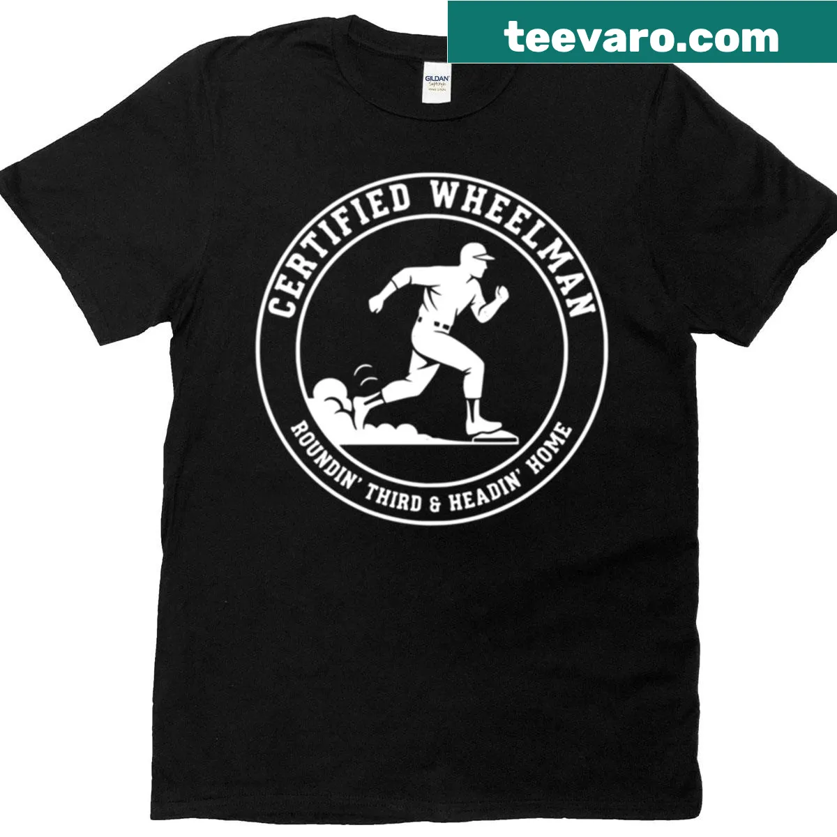 T-shirt featuring Oct-84 Certified Wheelman badge emblem — on a men's t-shirt