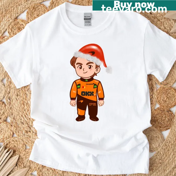 Christmas-themed T-shirt featuring Oscar Piastri and McLaren F1 graphics