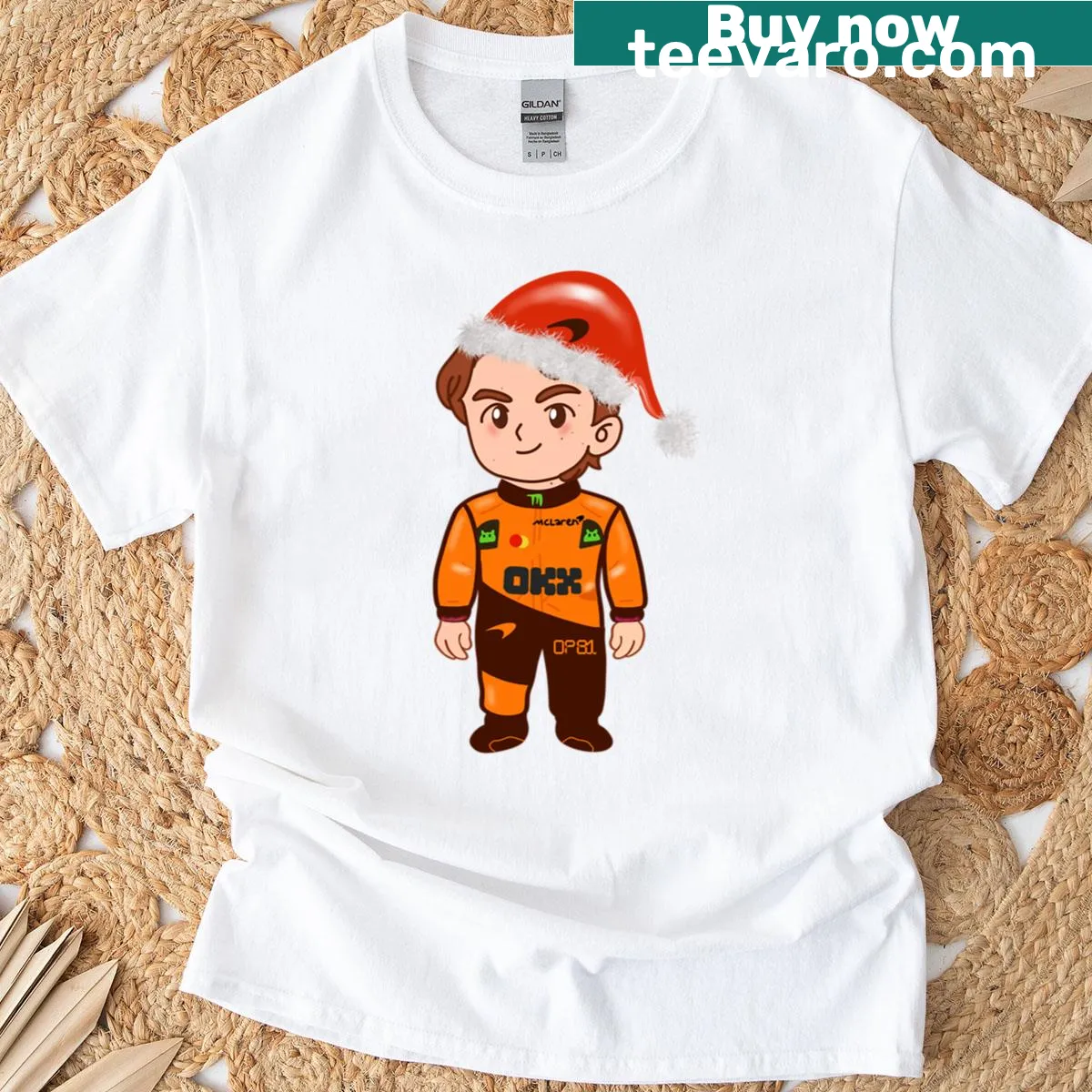Christmas-themed T-shirt featuring Oscar Piastri and McLaren F1 graphics — on a men's t-shirt