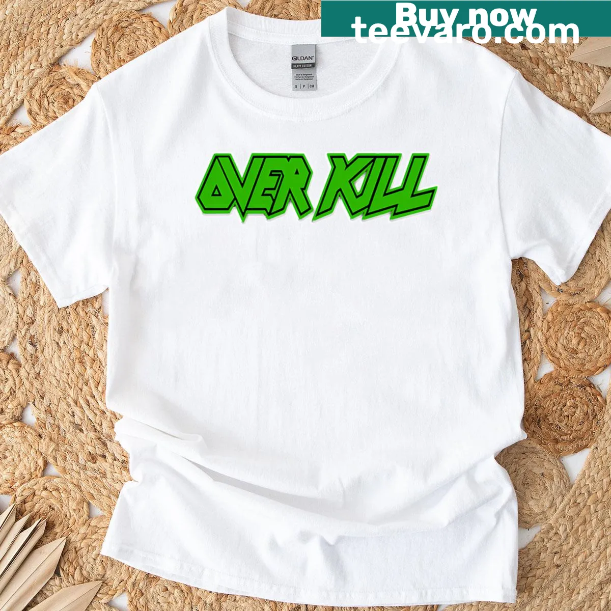Bold Overkill band logo t-shirt for heavy metal fans. — on a men's t-shirt