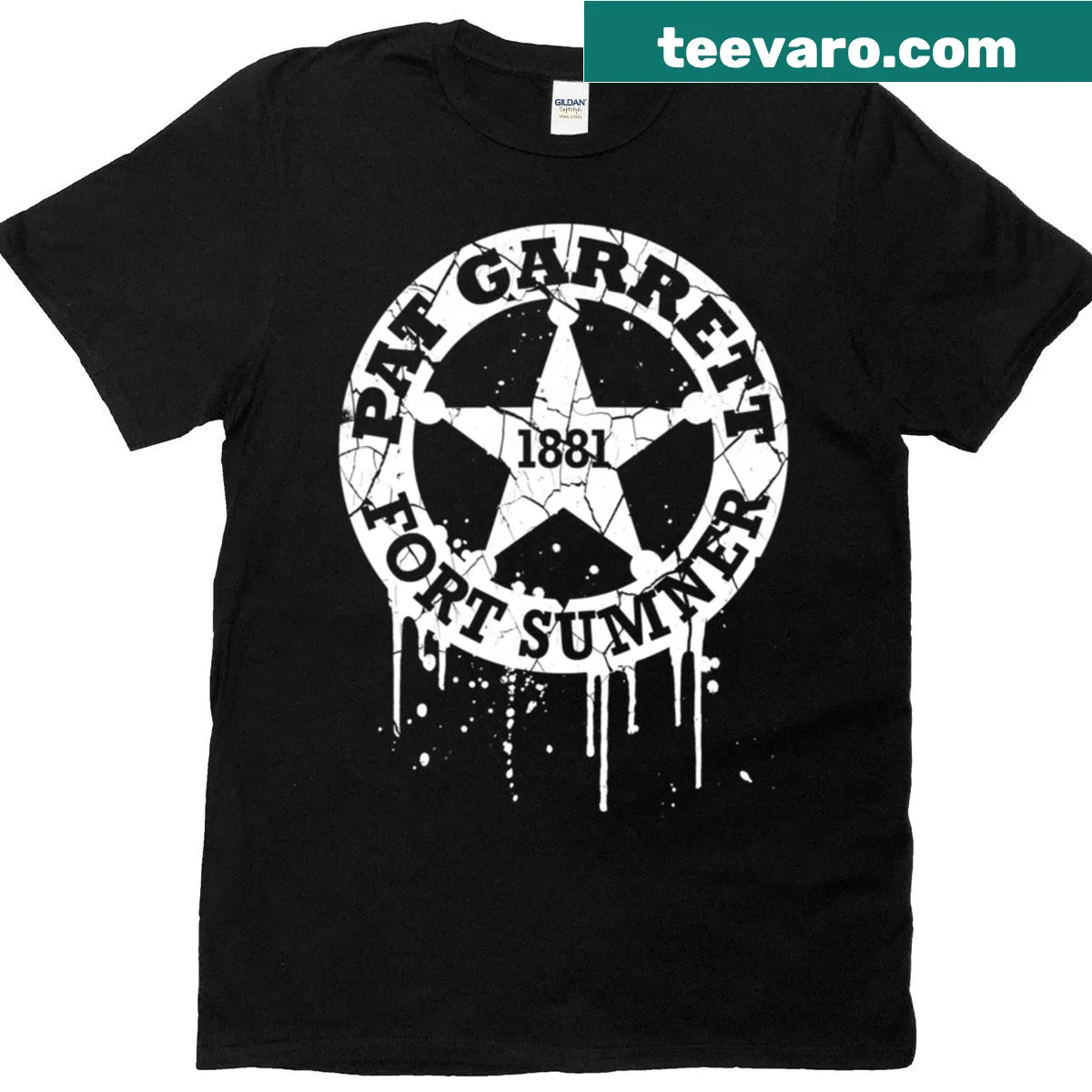 Historical-themed T-shirt honoring Pat Garrett and Fort Sumner 1881 — on a men's t-shirt