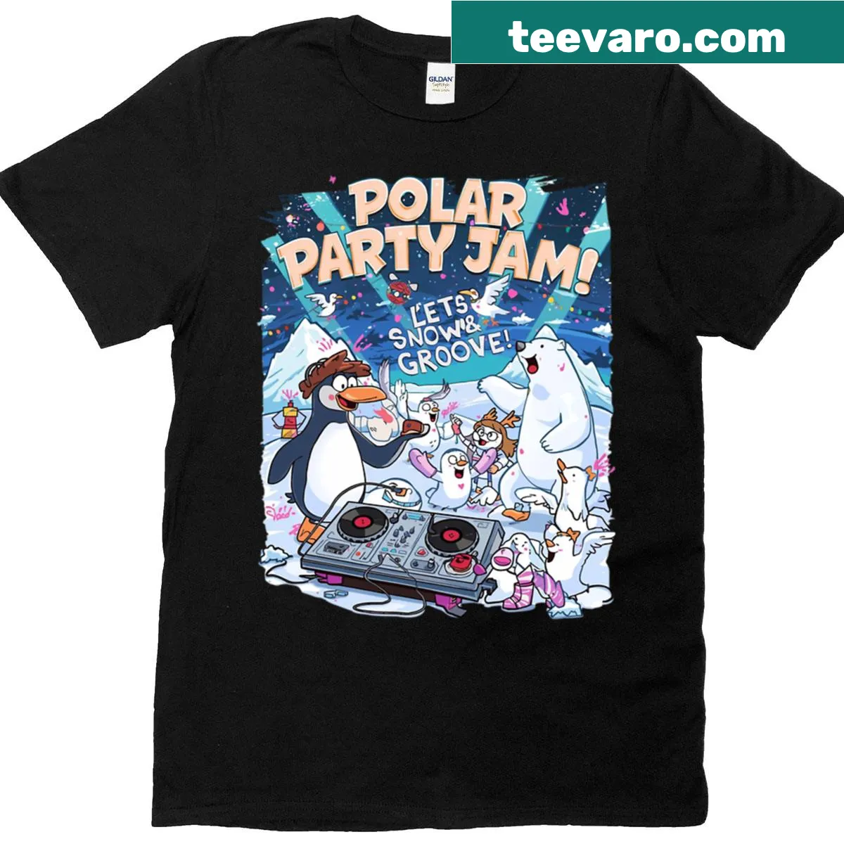 Festive t-shirt with polar bear and holiday party theme — on a men's t-shirt