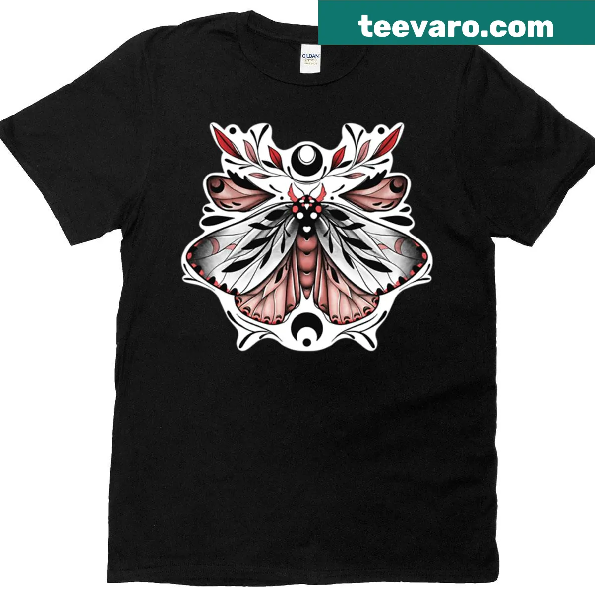 Illustrated pink moth graphic on a casual t-shirt — on a men's t-shirt