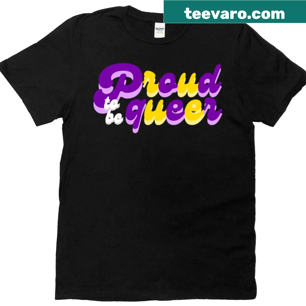 Typography T-shirt stating 'Proud To Be Queer' for LGBTQIA pride — on a men's t-shirt