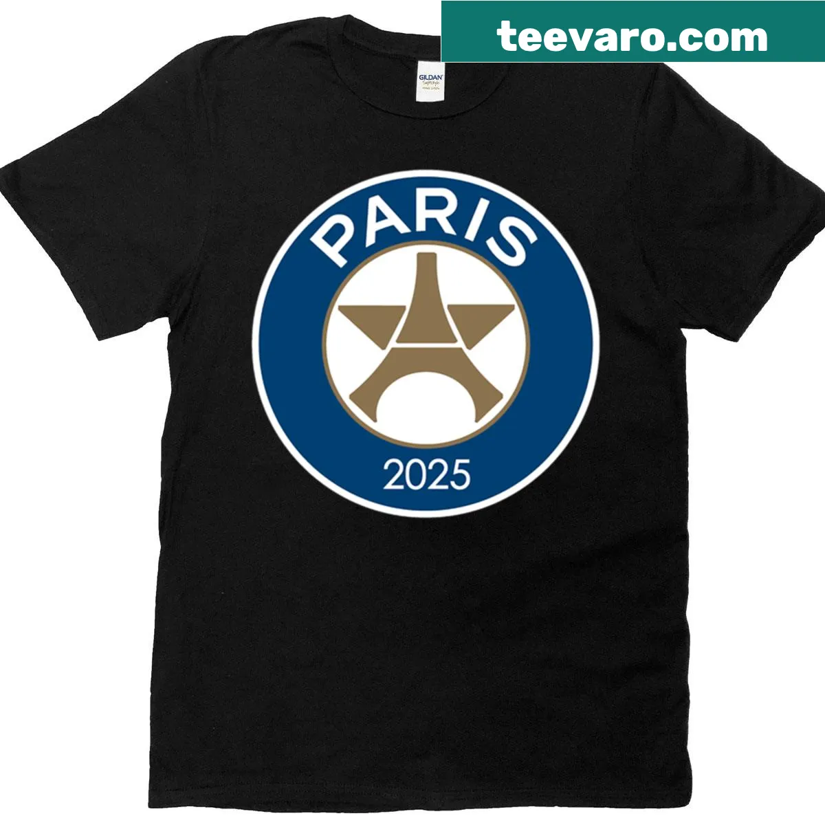 PSG logo T-shirt with center chest print — on a men's t-shirt