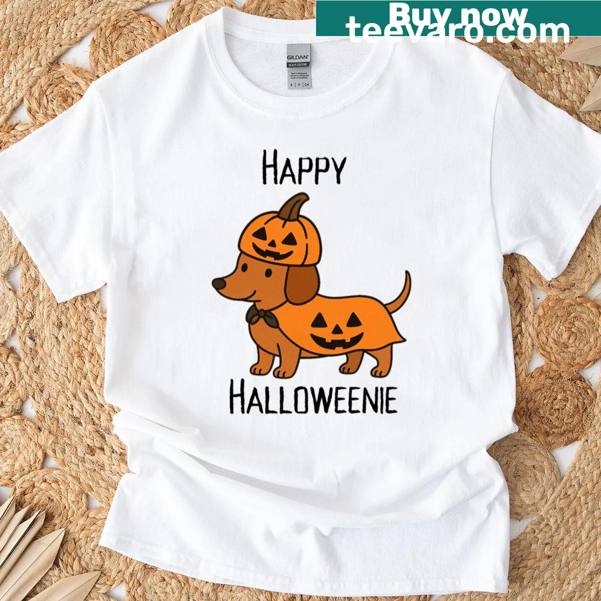 Cute Halloween dachshund in jack-o-lantern costume T-shirt — on a men's t-shirt