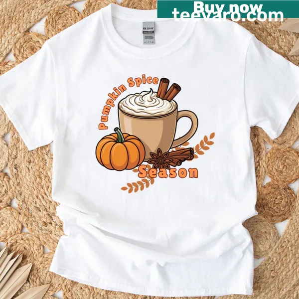 Graphic tee celebrating pumpkin spice with playful illustrations