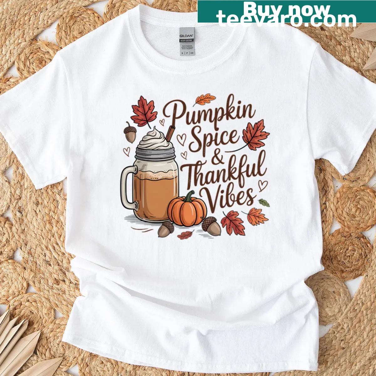 Illustrated tee celebrating pumpkin spice and thankful vibes — on a men's t-shirt