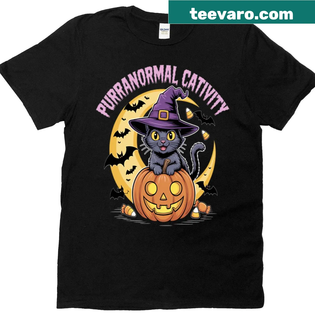 Funny Halloween T-shirt with cat witch graphic and playful typography — on a men's t-shirt