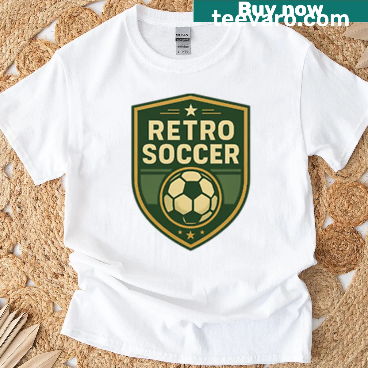 Retro soccer badge T-shirt featuring a football club emblem design — on a men's t-shirt