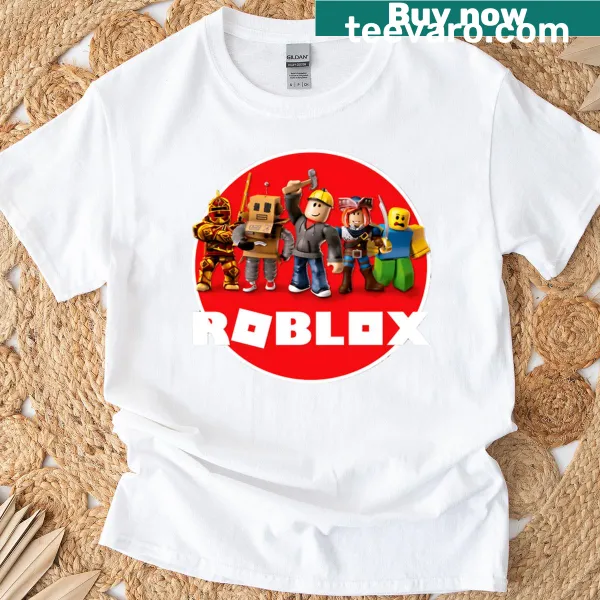 Cartoon-style Roblox T-shirt featuring characters and logo
