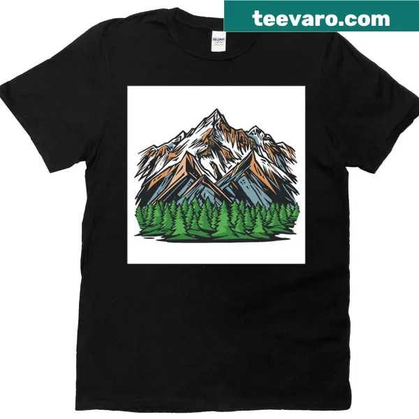Mountain peaks and pine forest landscape graphic t-shirt