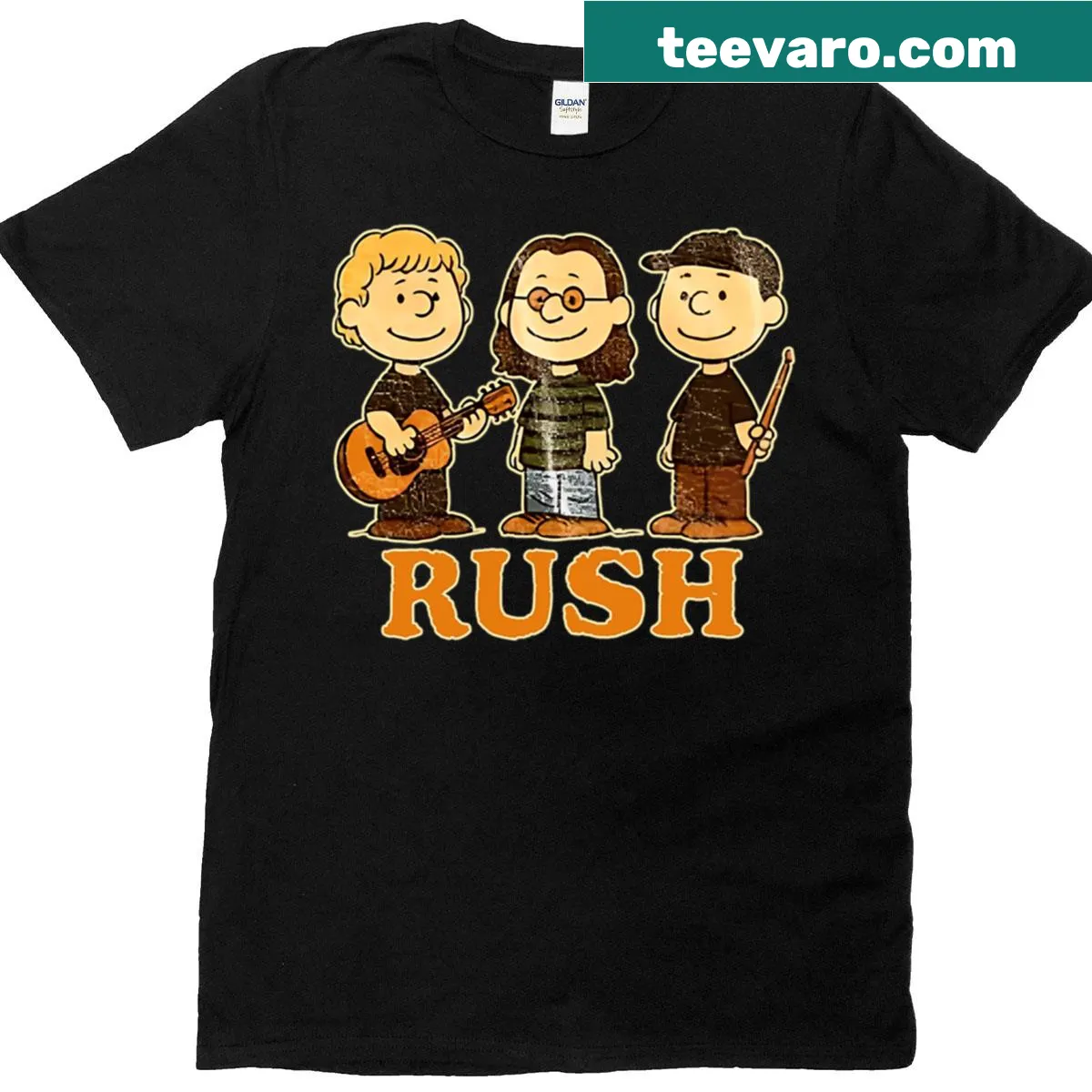 Rush and Charlie Brown t-shirt featuring cartoon characters — on a men's t-shirt