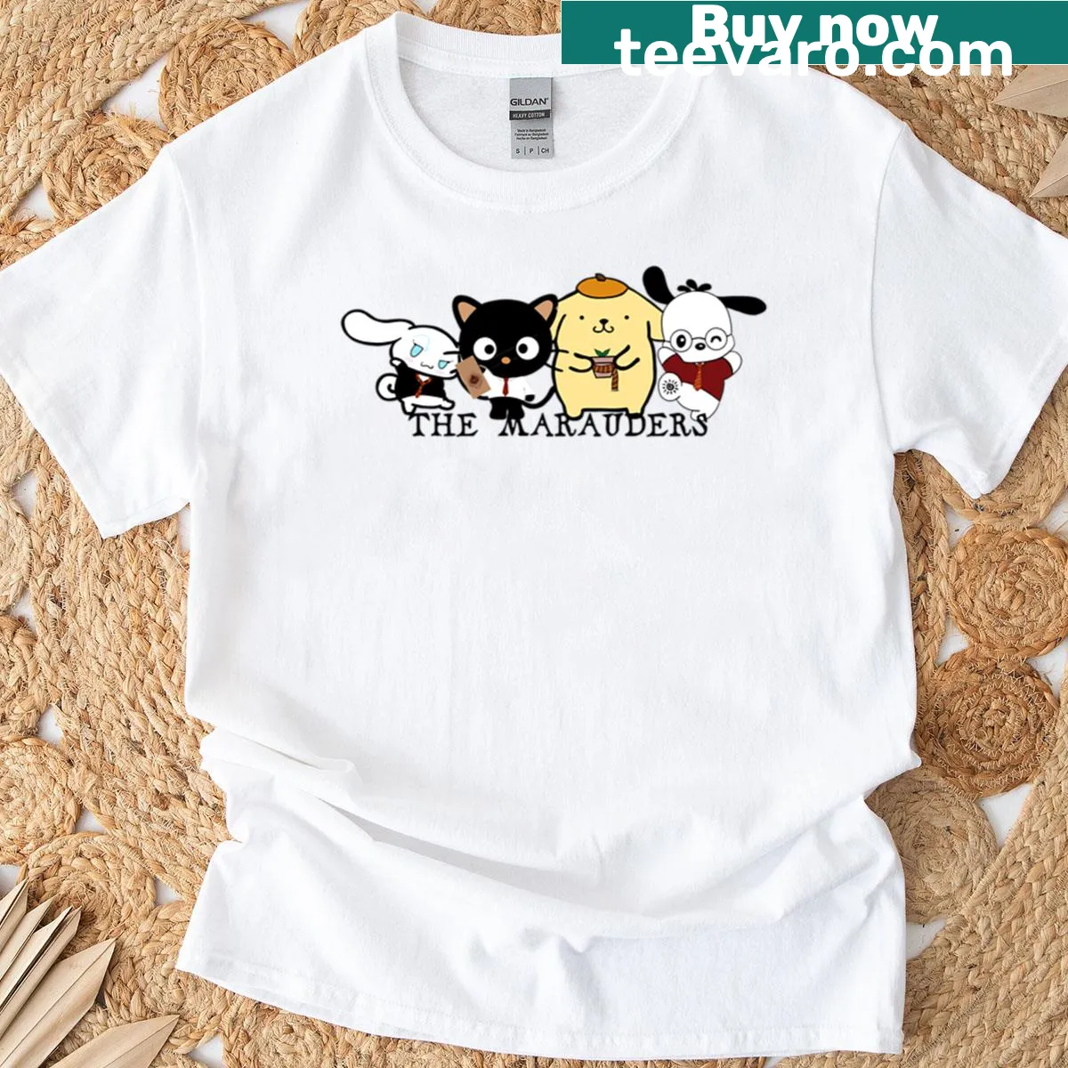 Sanrio and Marauders themed T-shirt with playful character illustrations — on a men's t-shirt