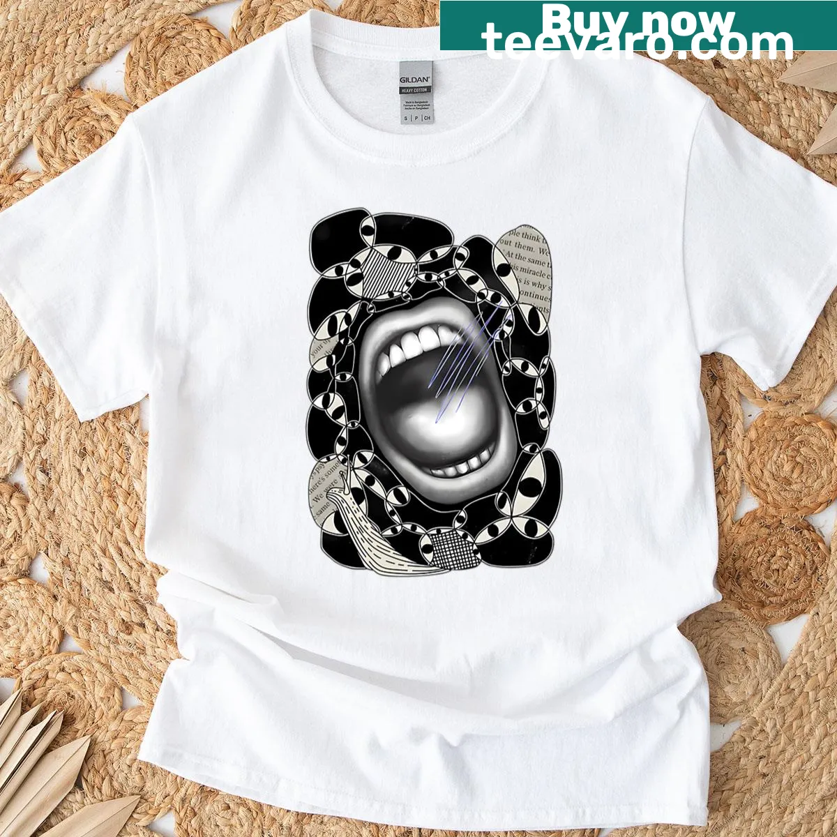 Illustrated screaming mouth T-shirt reflecting music culture and energy — on a men's t-shirt
