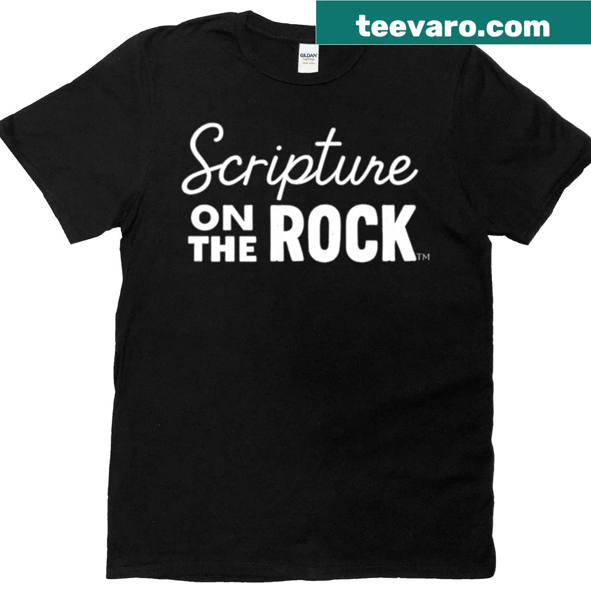 Spirit-led Faithwear t-shirt with Scripture On The Rock logo — on a men's t-shirt