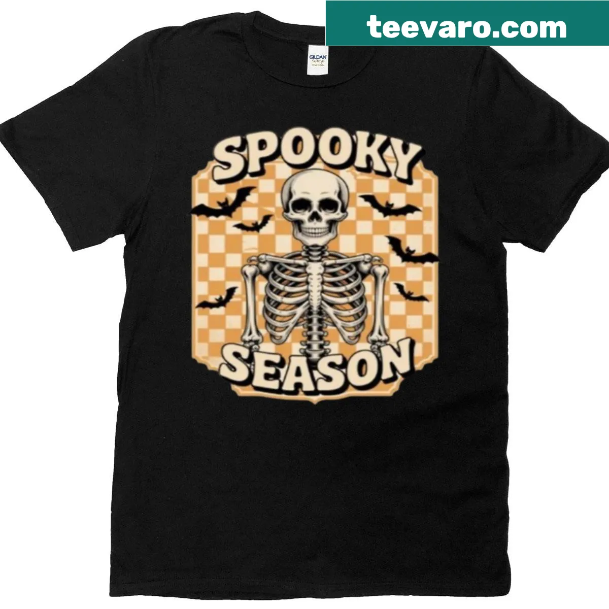 Skeleton surrounded by ghosts graphic Halloween t-shirt — on a men's t-shirt