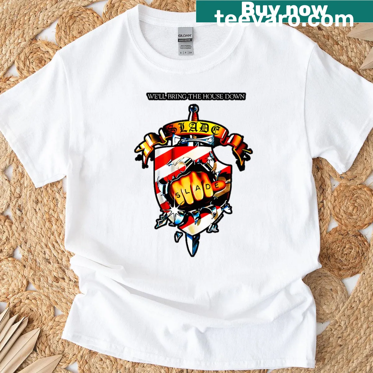 Typographic design t-shirt featuring Slades Band's slogan — on a men's t-shirt