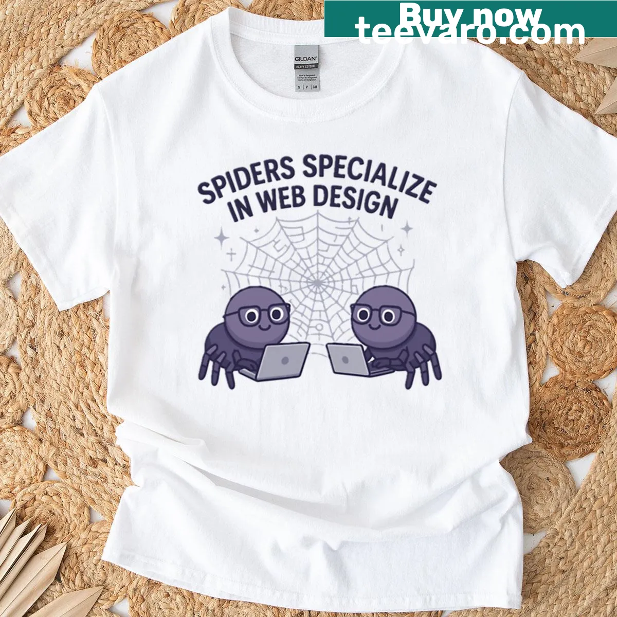 Humorous T-shirt with a pun about spiders and web design — on a men's t-shirt